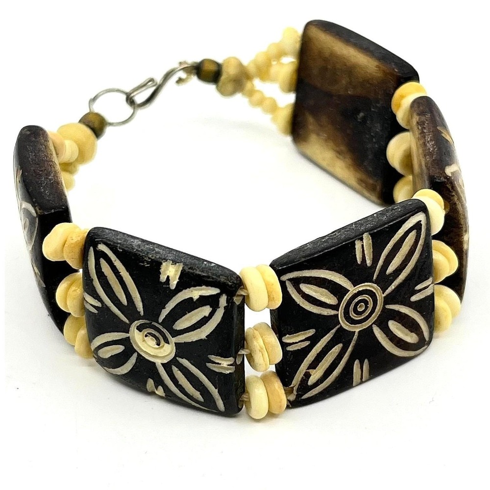Vintage Carved Wood Floral Batik Tile Bracelet Boho Ethnic Tribal‎ Classic